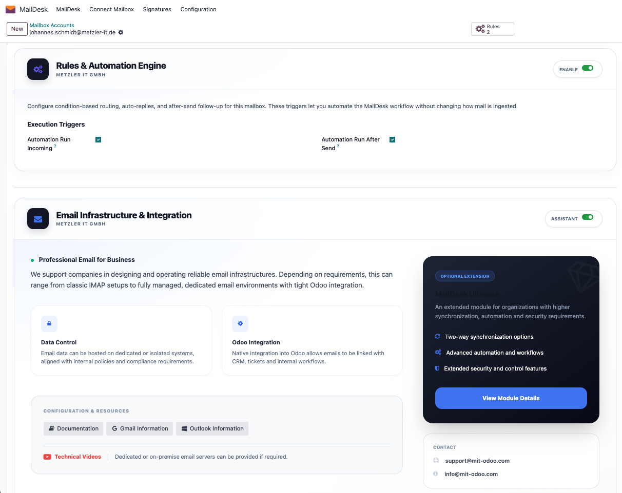 Mailbox automation settings in MailDesk Odoo