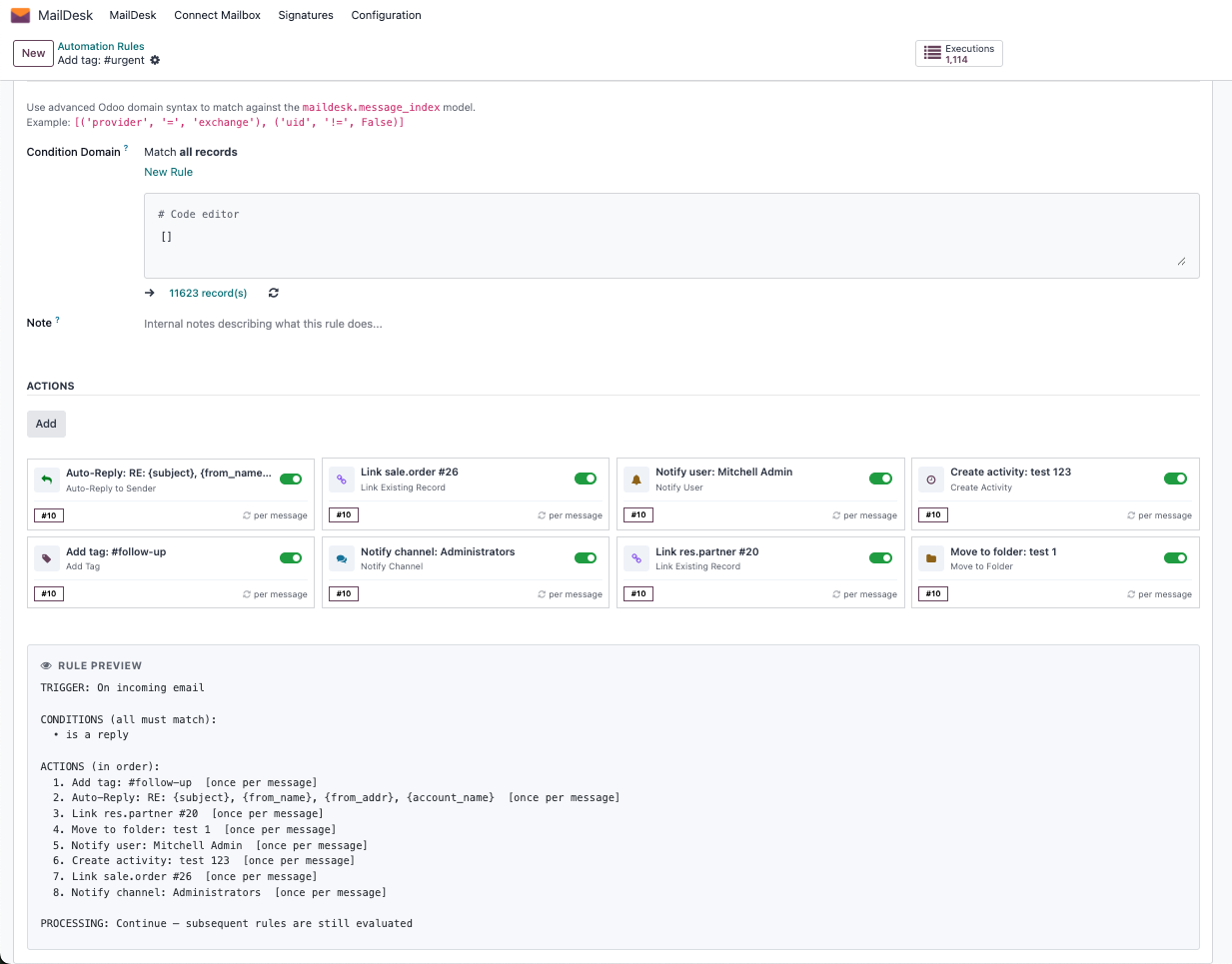 Automation rule actions and rule preview in MailDesk