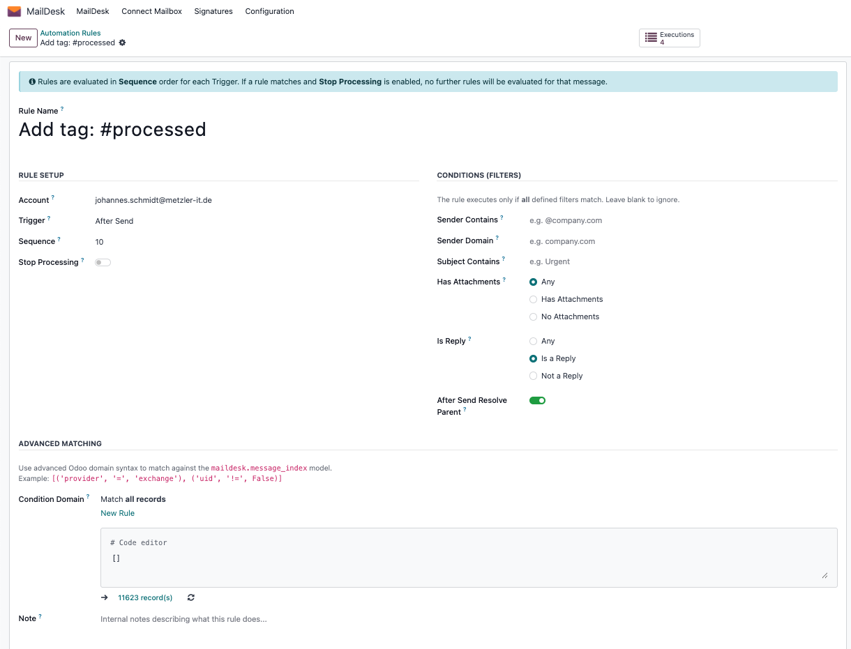 Automation rule form with conditions in MailDesk