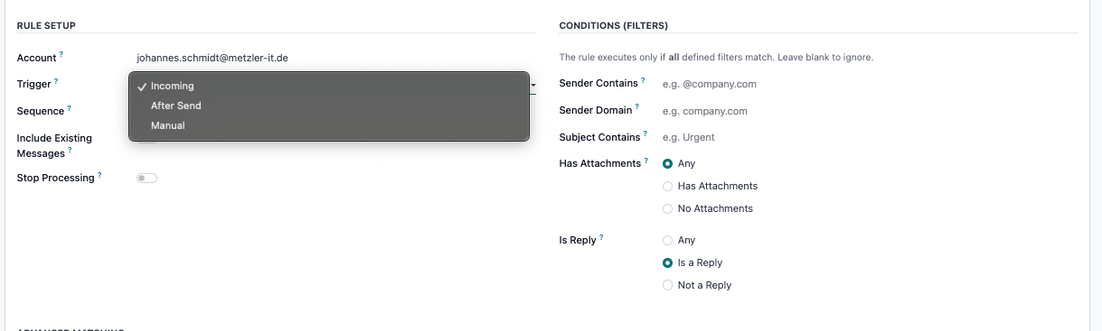 Trigger selection and condition filters in MailDesk automation rule
