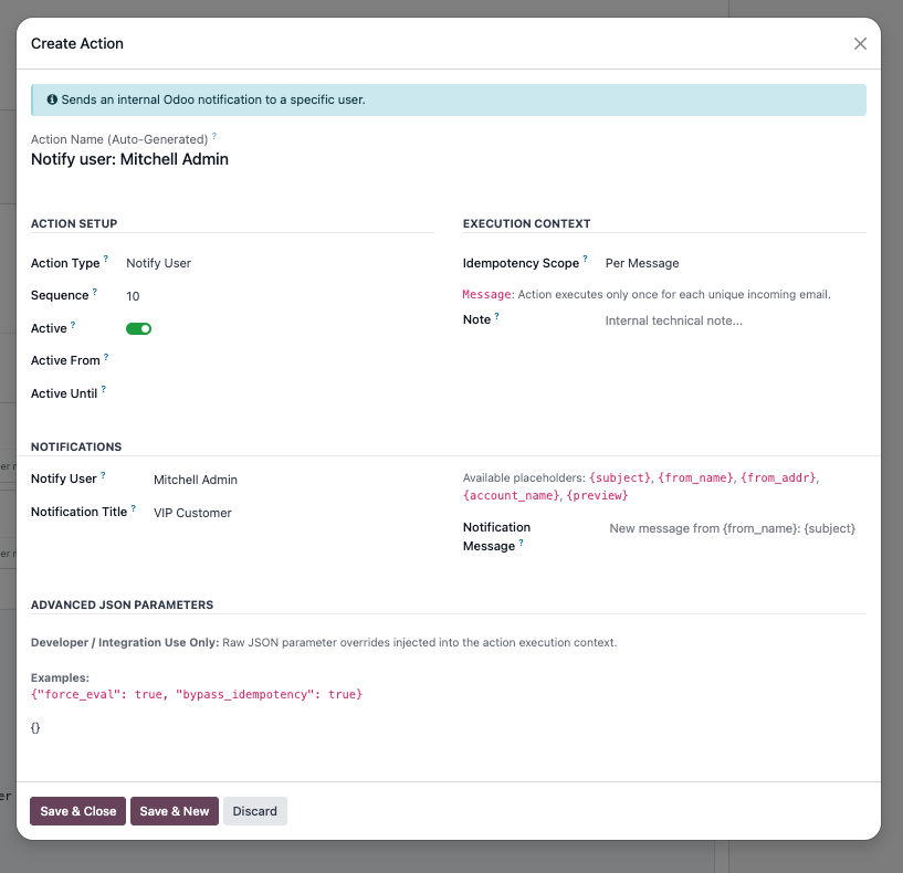 Action configuration form — Notify User action in MailDesk automation