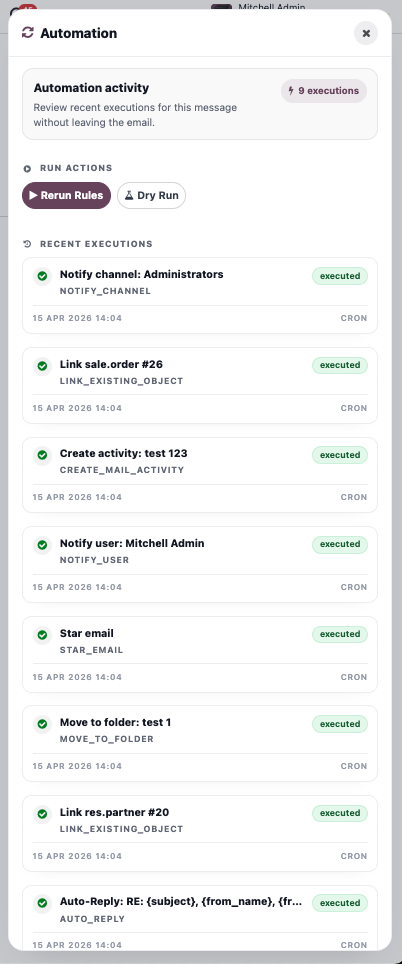 Automation panel and recent executions in MailDesk