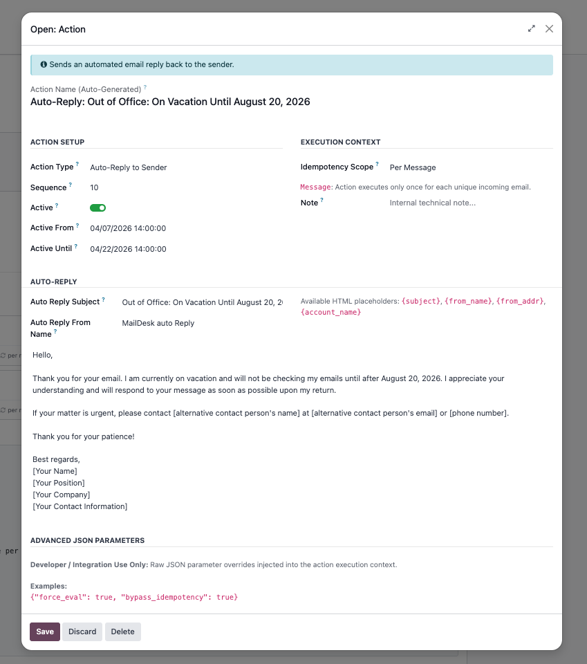 Automatic reply configuration in MailDesk Automation for Odoo
