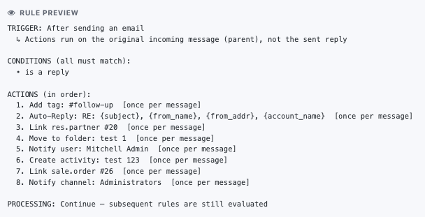 Rule preview — plain-language summary of trigger, conditions, and actions