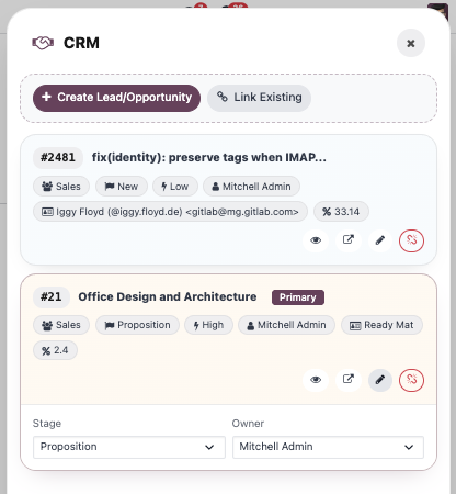 Editing a linked CRM record's stage and owner directly from the panel