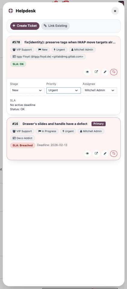 Two linked tickets with the inline quick-edit panel open in the Helpdesk panel