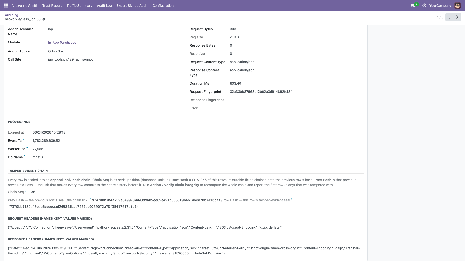 The tamper-evident chain fields and the masked request/response headers on a Forensic Record