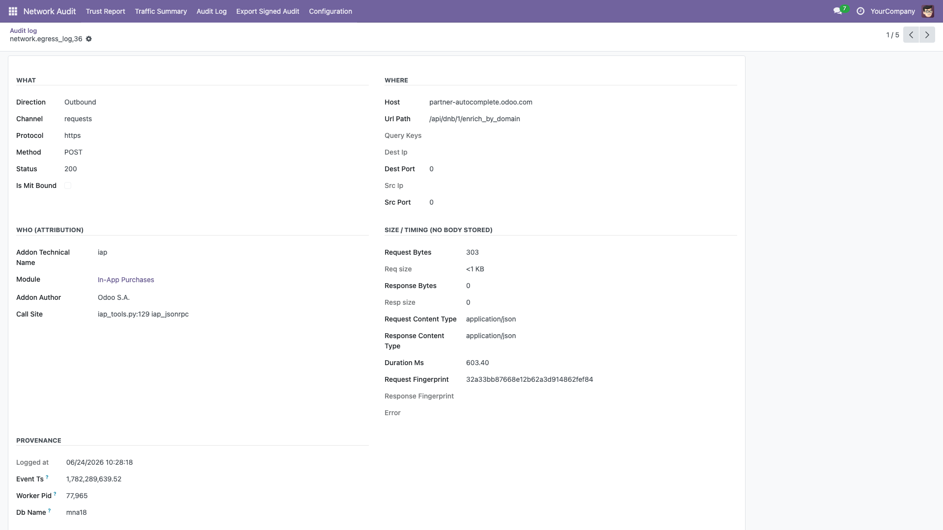 One row of the audit log opened as the Forensic Record form, showing the tamper-evident chain fields