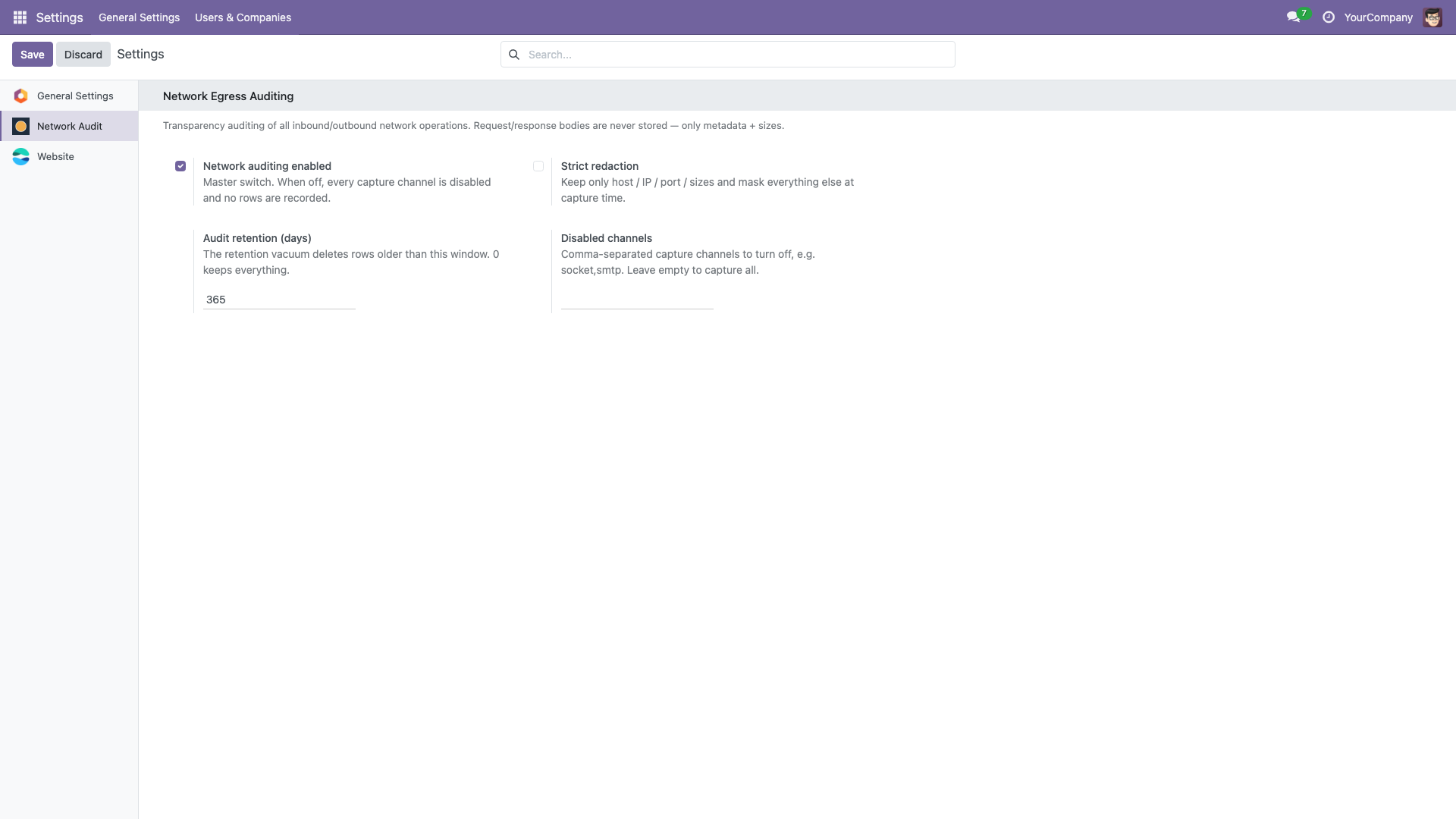 The Network Audit settings section in Odoo Settings