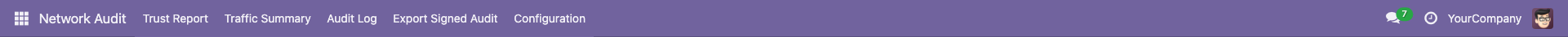 The Network Audit top menu: Trust Report, Traffic Summary, Audit Log, Export Signed Audit, Configuration