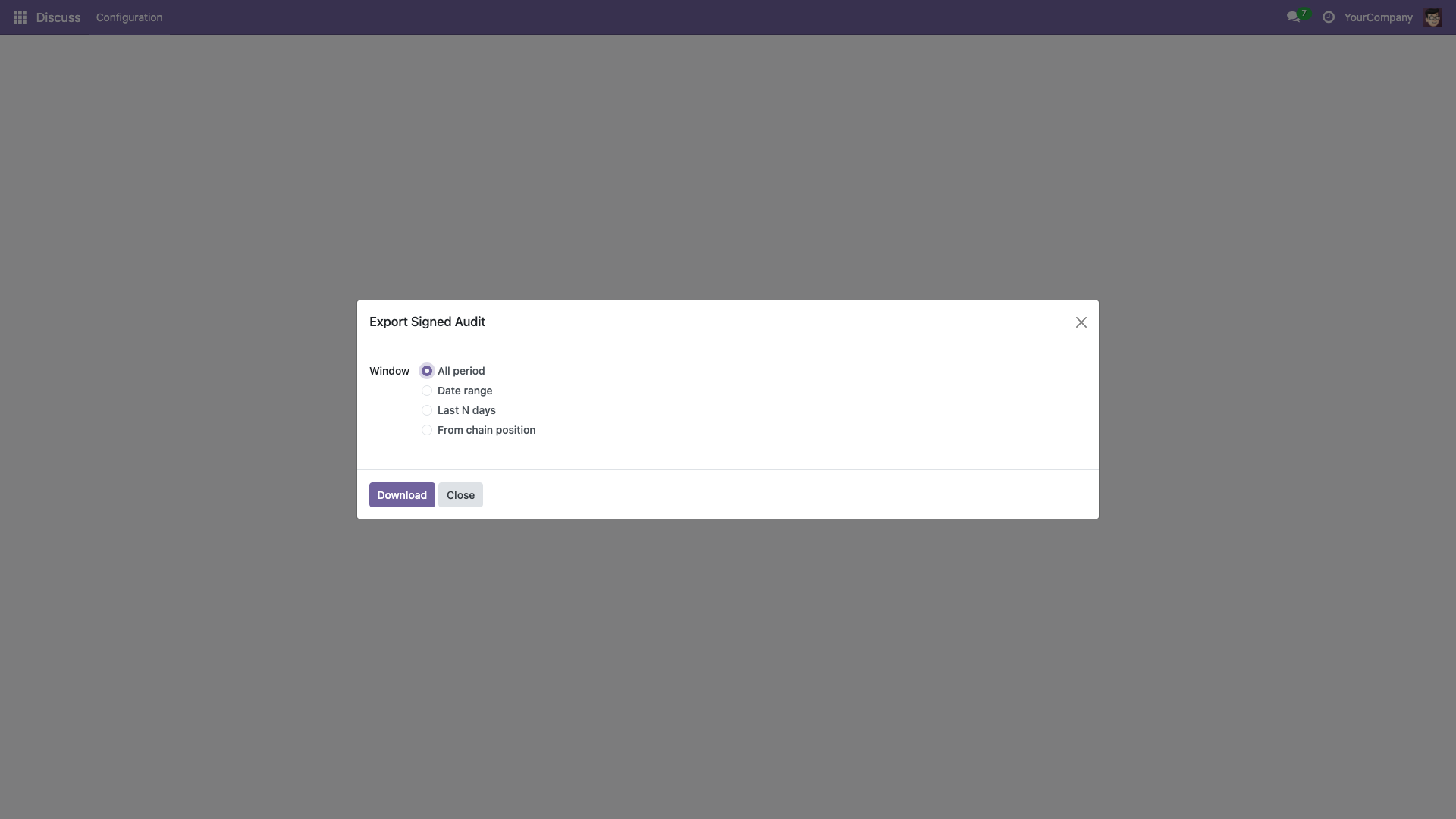The Export Signed Audit wizard, showing the window options and the Download and Close buttons