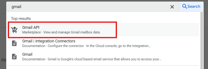 Finding and enabling the Gmail API in the API Library