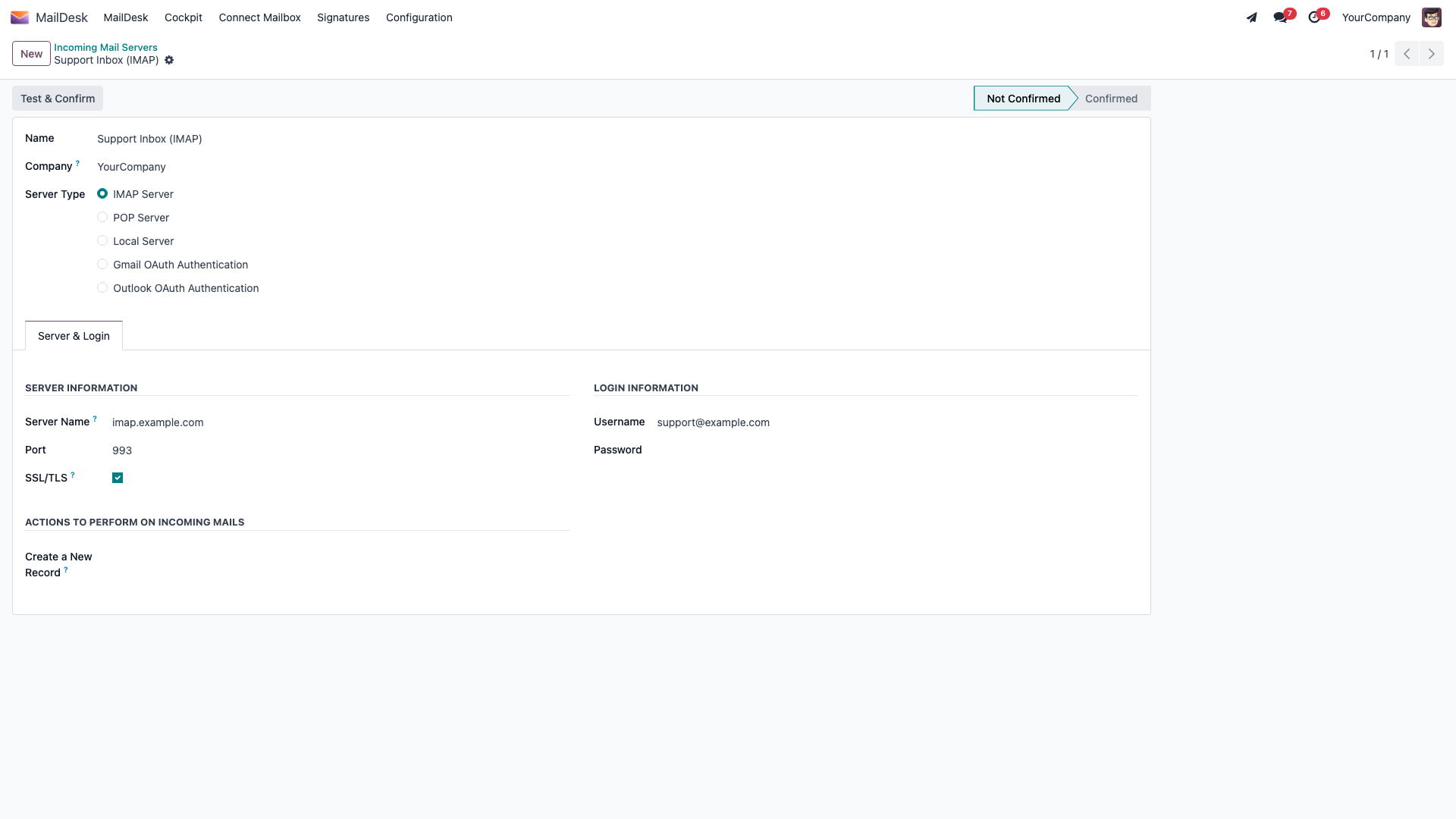 The incoming mail server form, with Outlook OAuth Authentication selected as the Server Type