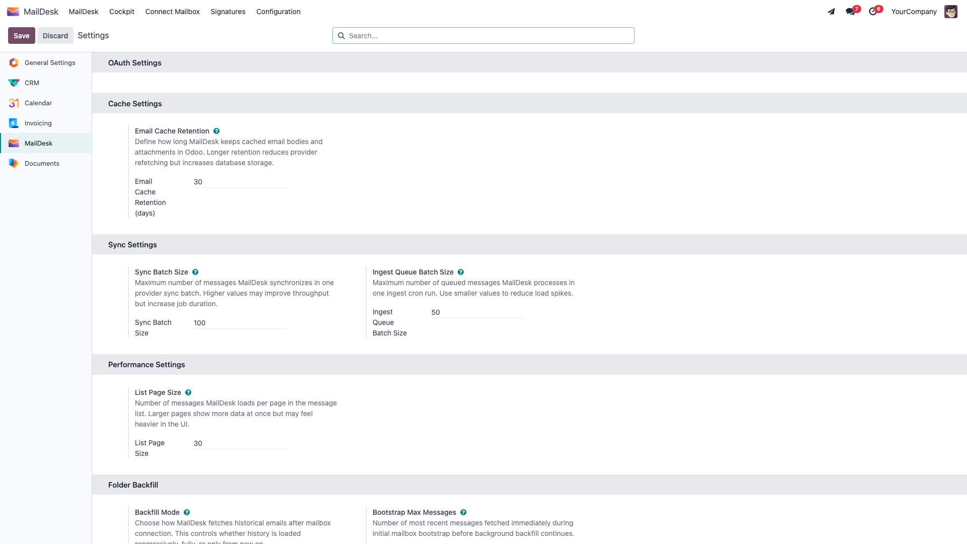 The MailDesk settings blocks, where the Gmail OAuth credentials live