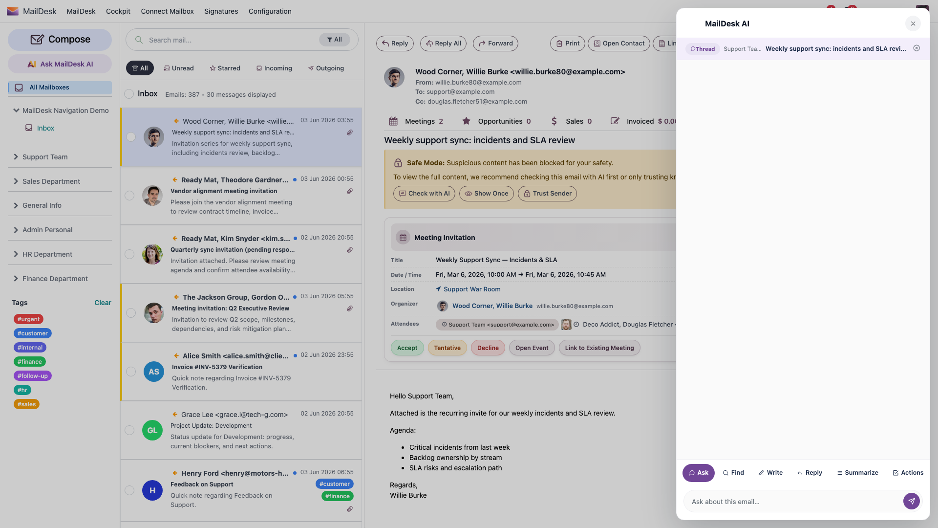 The MailDesk AI panel open beside an email thread