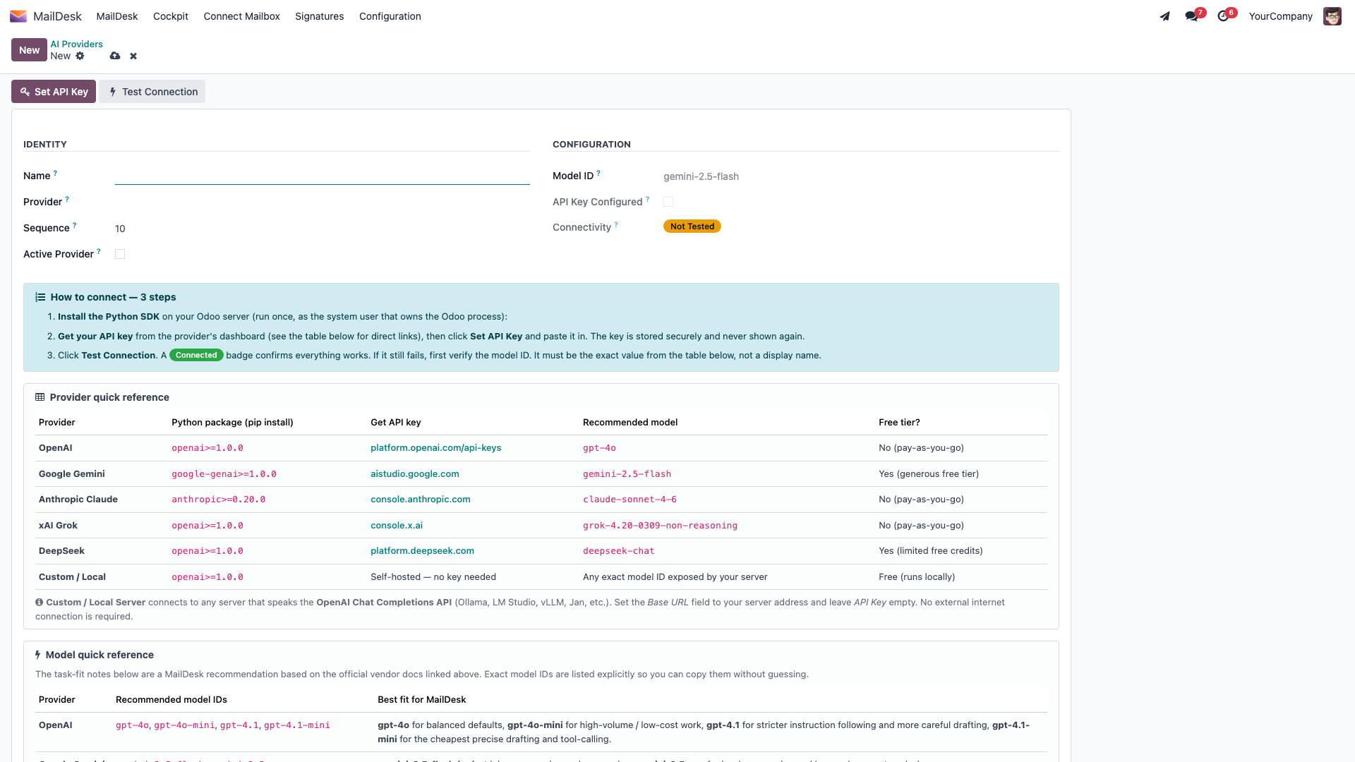 A provider form: provider type, Model and Base URL fields, the API Key status, the connection status, and the Set API Key and Test Connection buttons