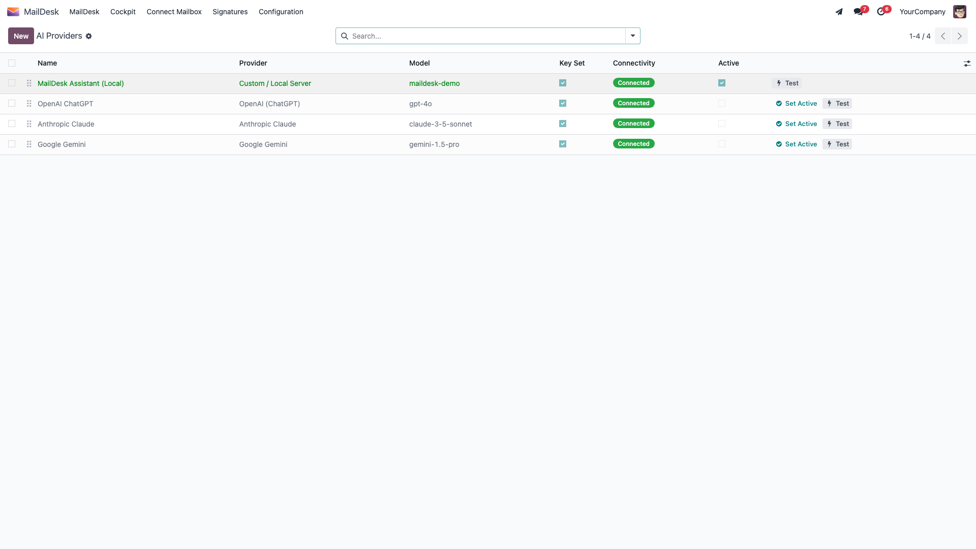 The AI Providers list under MailDesk Settings