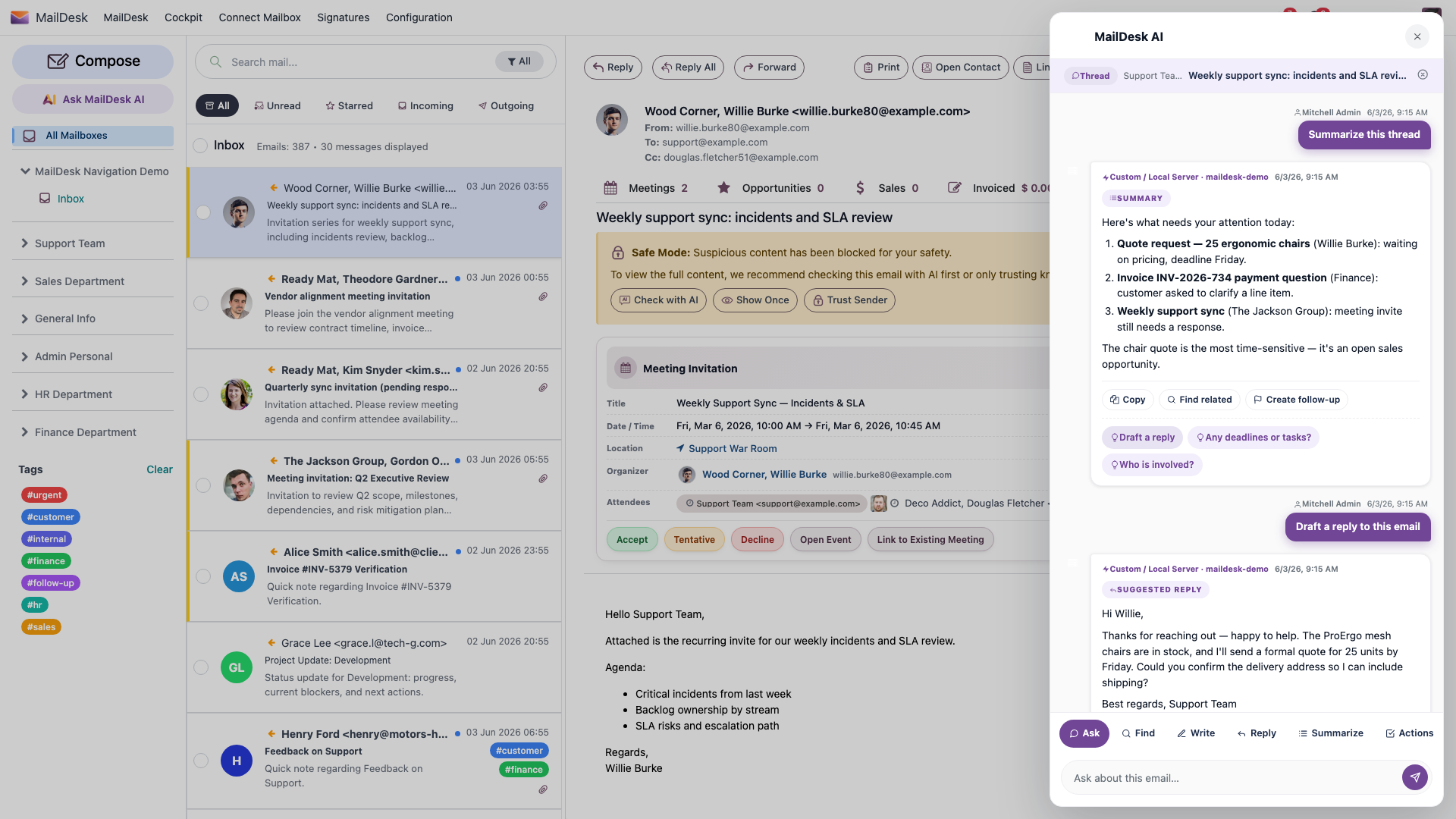 The MailDesk AI panel showing a generated reply body with Use as reply, Insert, Copy, and tone-refinement actions