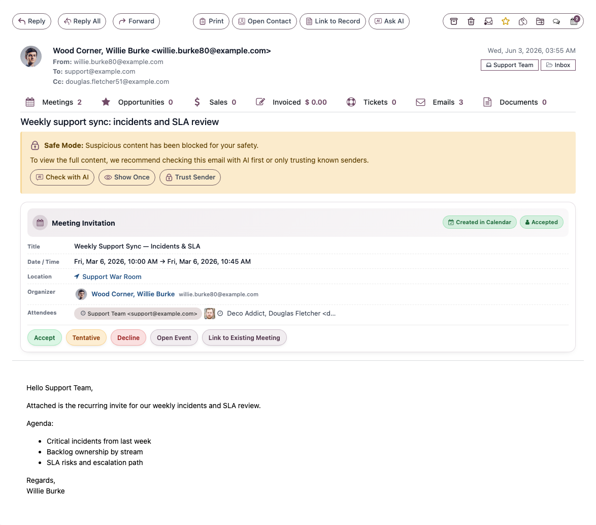 A MailDesk security badge on an opened email — your sign that AI is live
