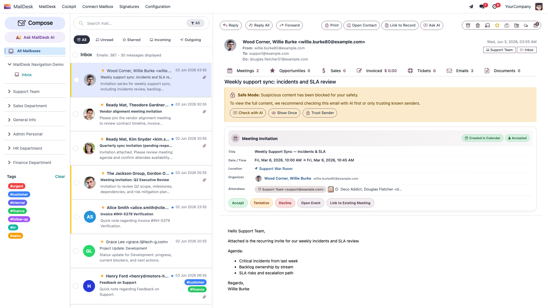An email opened in Safe Mode: MailDesk has held back suspicious content and offers Check with AI, Show Once, and Trust Sender