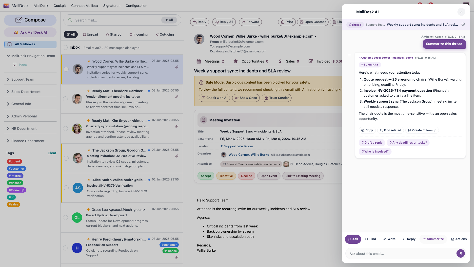 The MailDesk AI panel showing a thread summary with a short recap, action items, and open questions