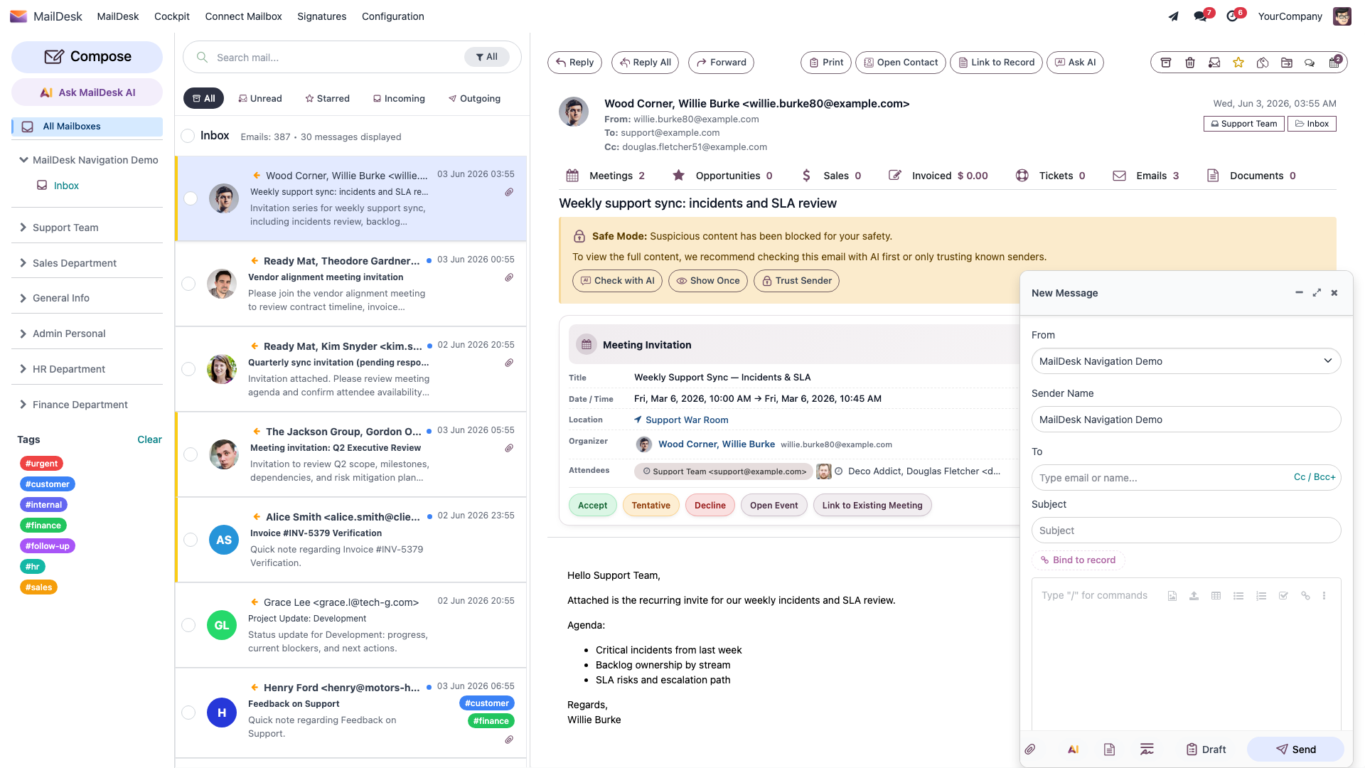 The MailDesk composer window with From, To, Subject, and the rich-text editor