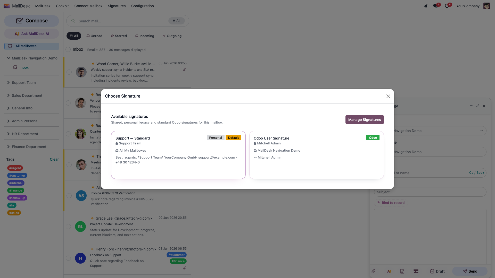 The Choose Signature picker in the composer, listing the available signatures with scope and Default badges and a Manage Signatures button