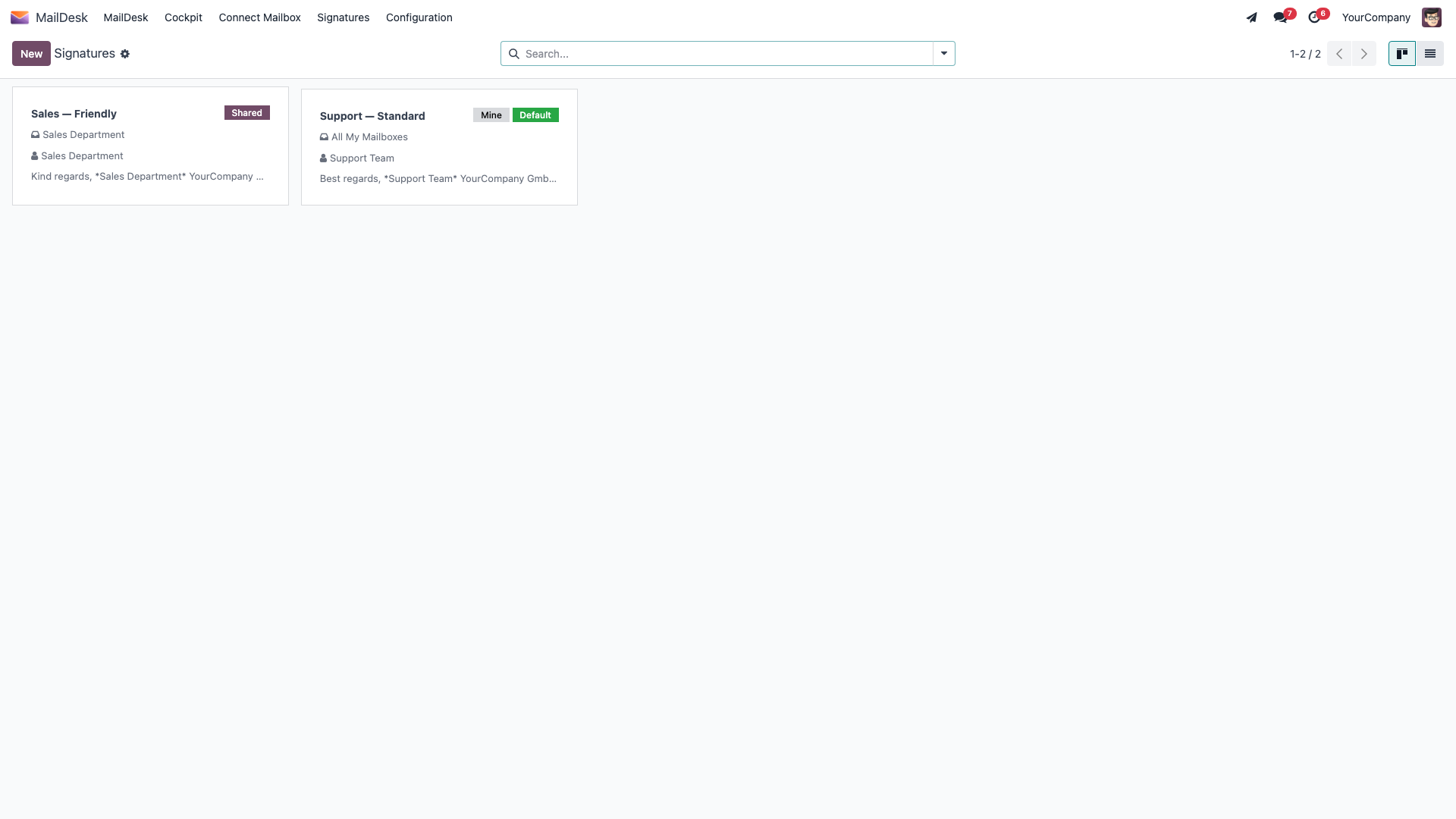 The MailDesk Signatures list, filtered to your own signatures, with a New button to add one