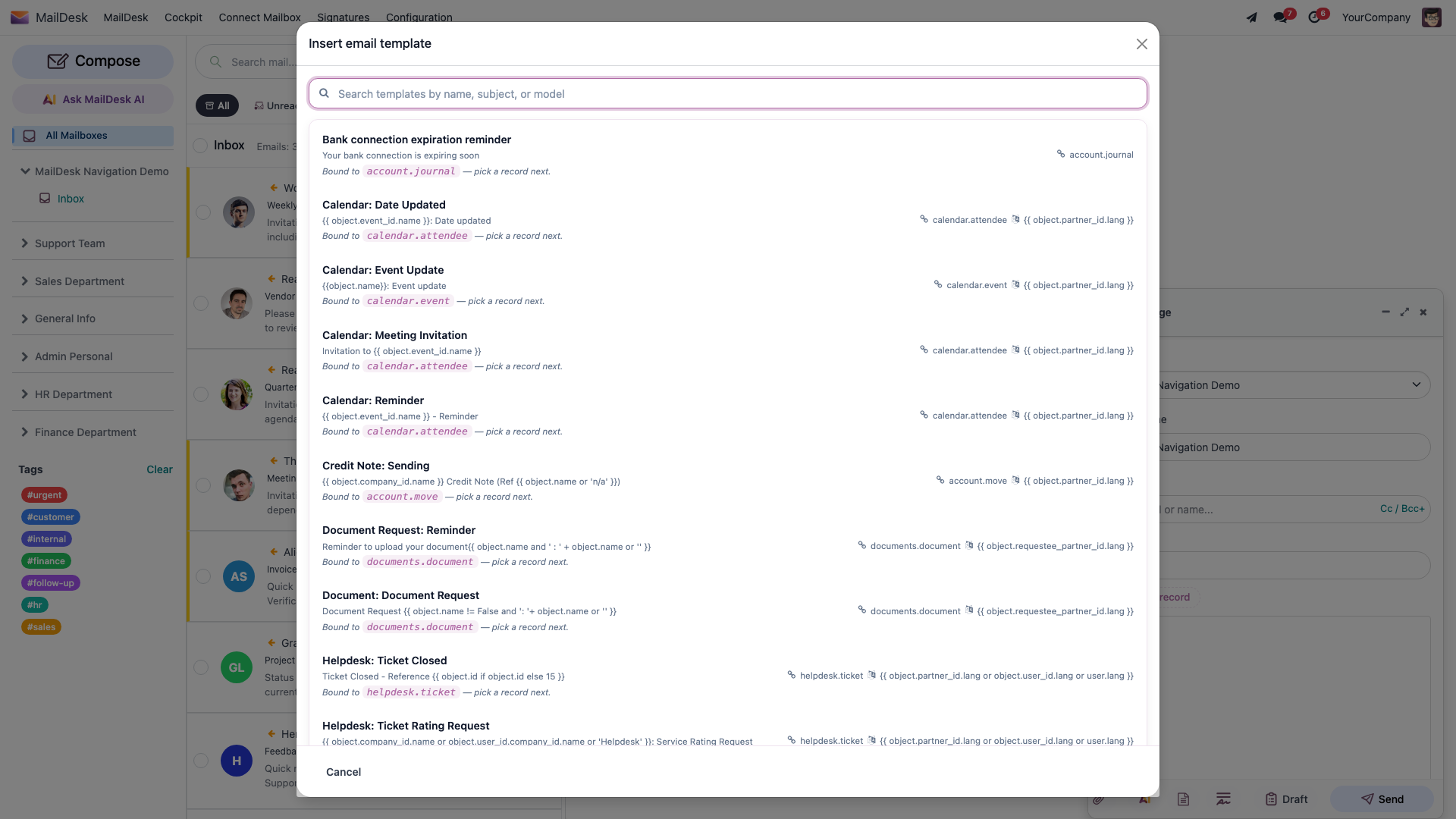 The Insert email template picker in the composer, with a search box and the list of available templates