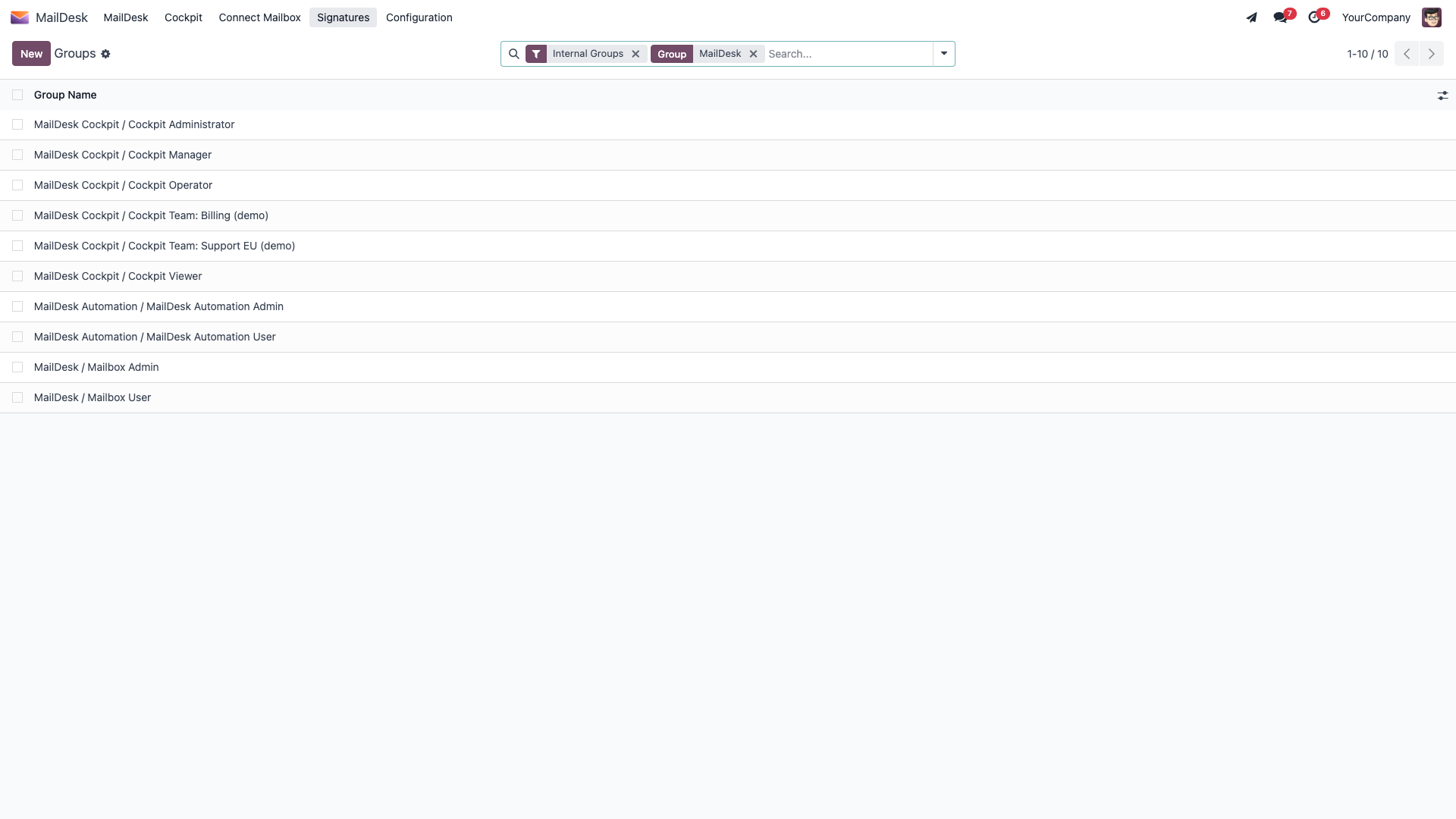 Odoo user form showing the MailDesk role set to Mailbox User on the Access Rights tab