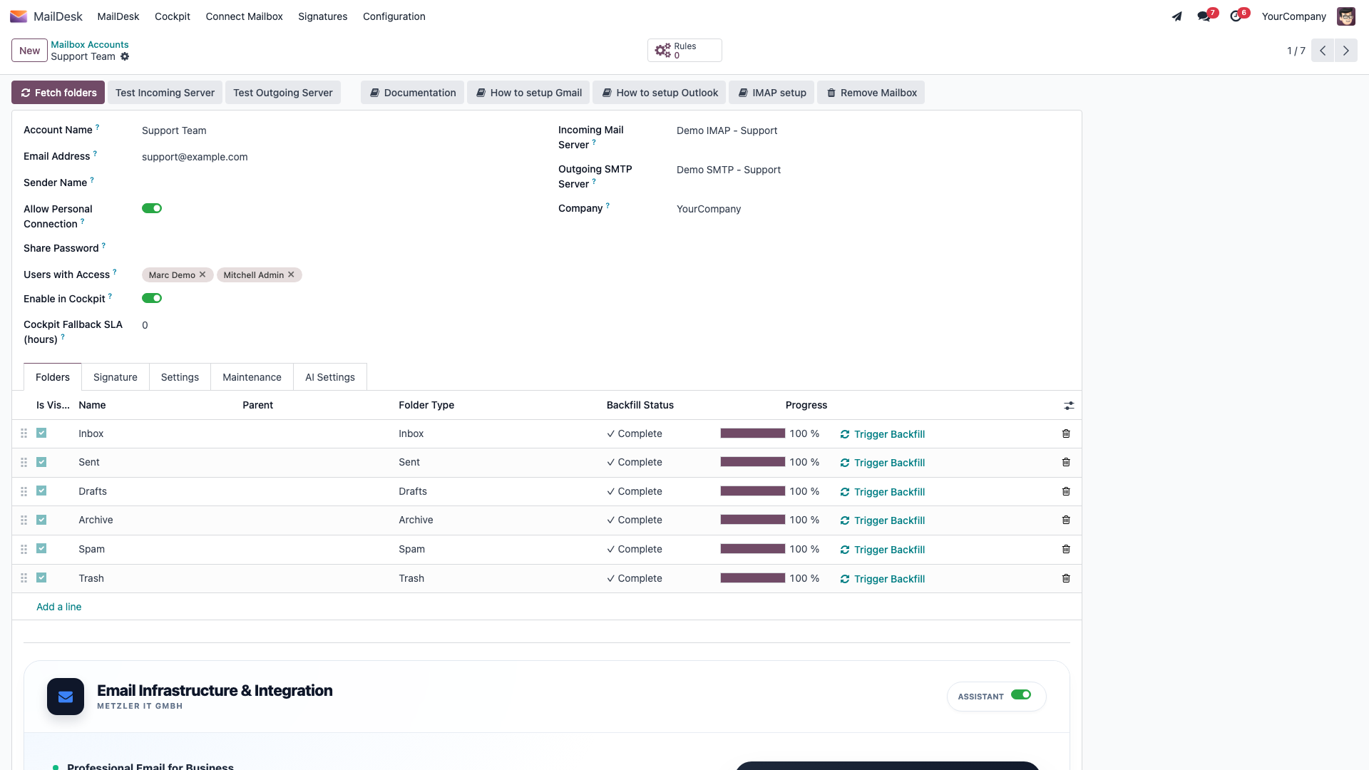 Creating a mailbox account: name, email, servers, the Test and Fetch folders buttons, and the Folders tab