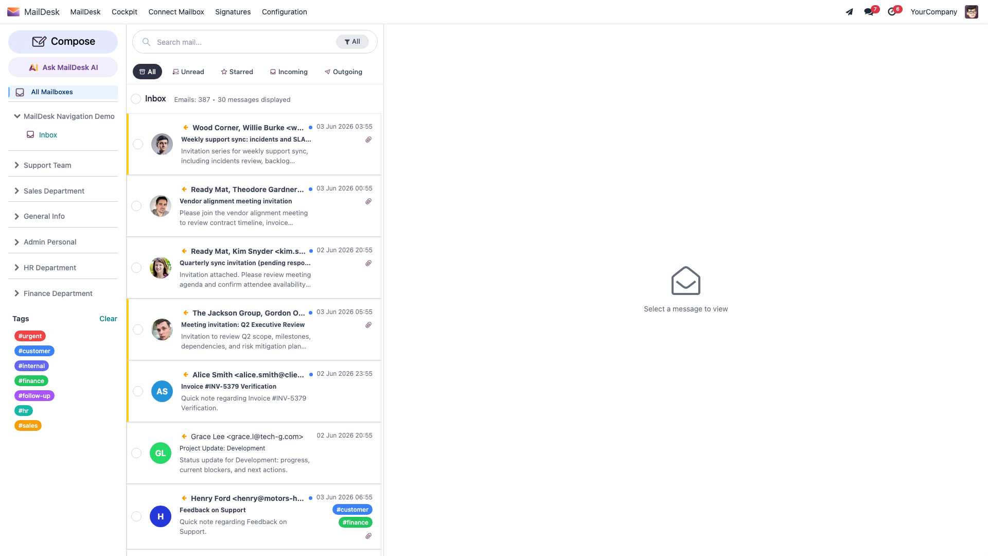 The MailDesk three-pane layout: folders on the left, the searchable message list in the middle, and the reading pane on the right