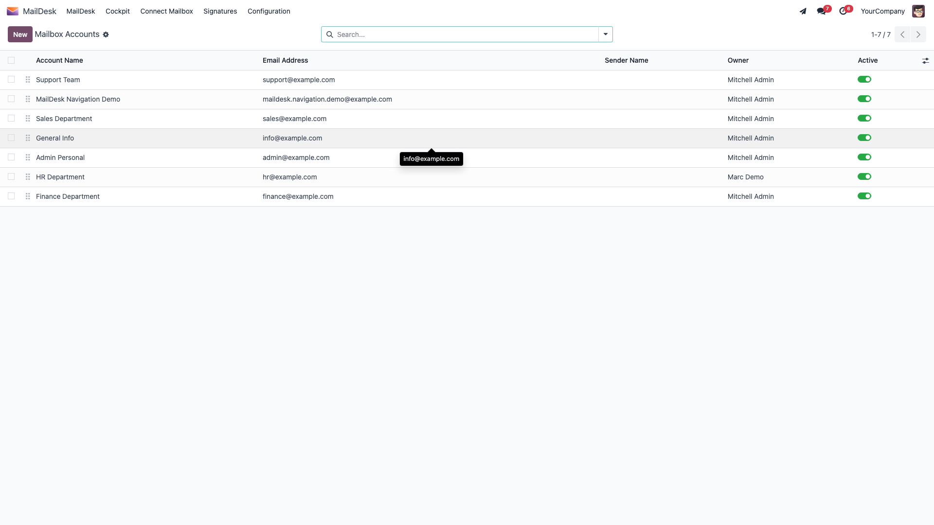 The Mailbox Accounts list under MailDesk Configuration, with the top navigation and New button