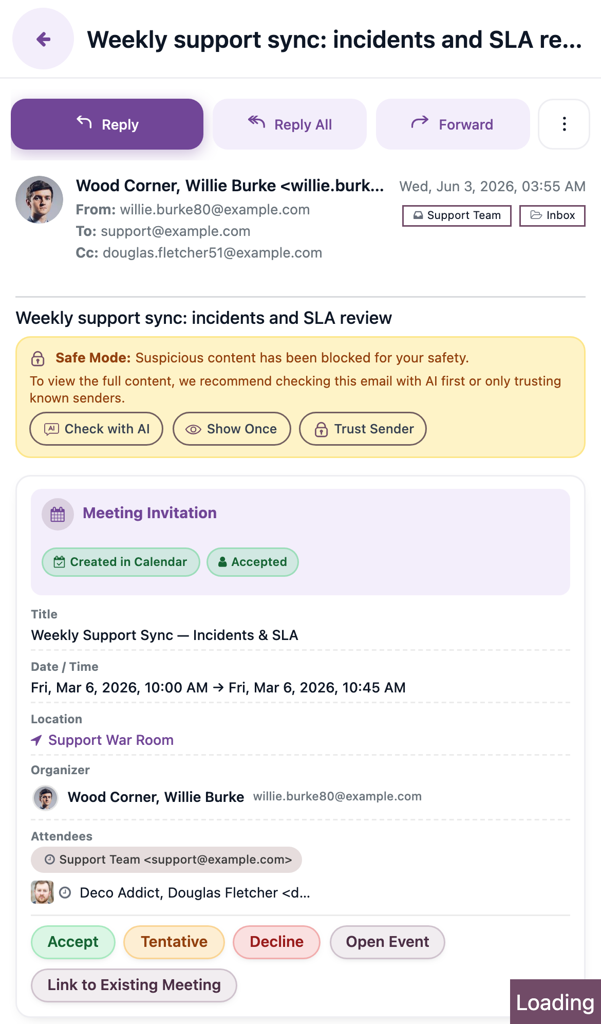 An email open in the full-screen reading view with the back arrow and reply toolbar