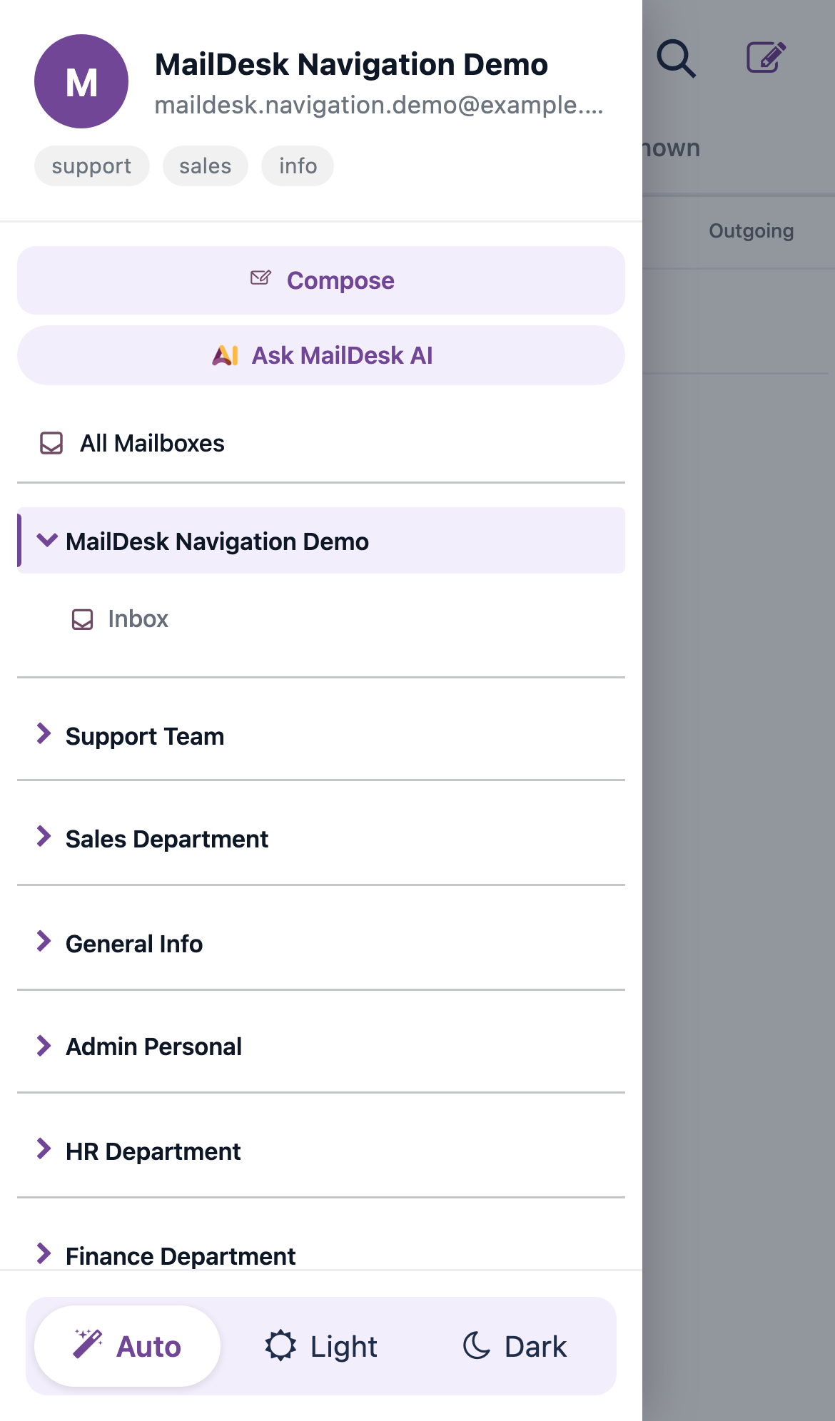 The folder drawer slid in from the left with the folder list and theme control
