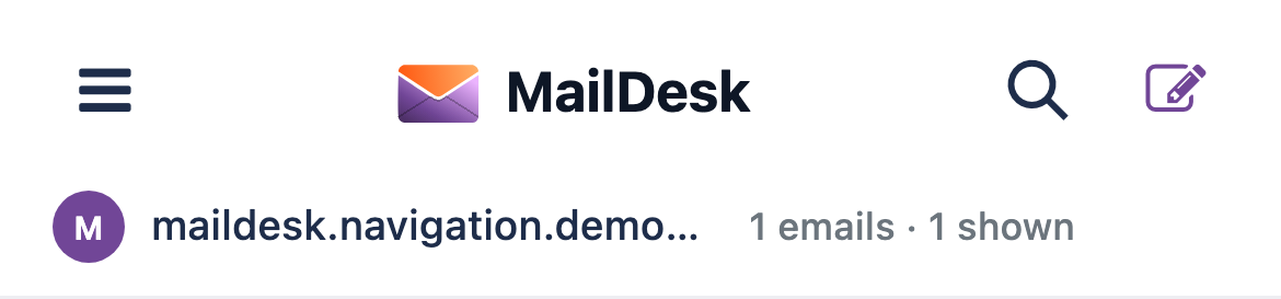 The MailDesk Pro mobile header with folders, search, and compose buttons