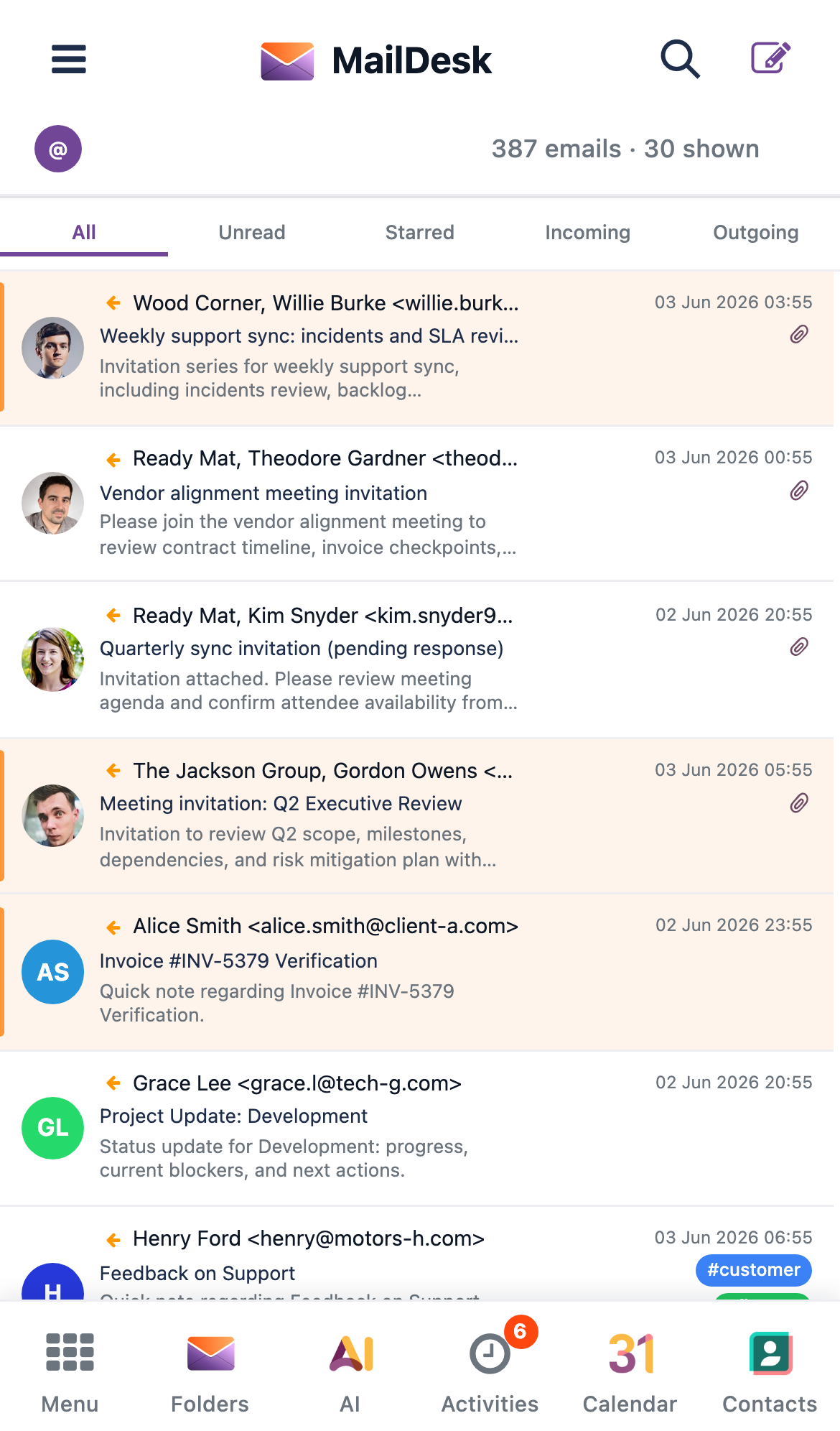 MailDesk Pro inbox on a phone — the branded header, your mail as a single full-width list, and the navigation bar across the bottom