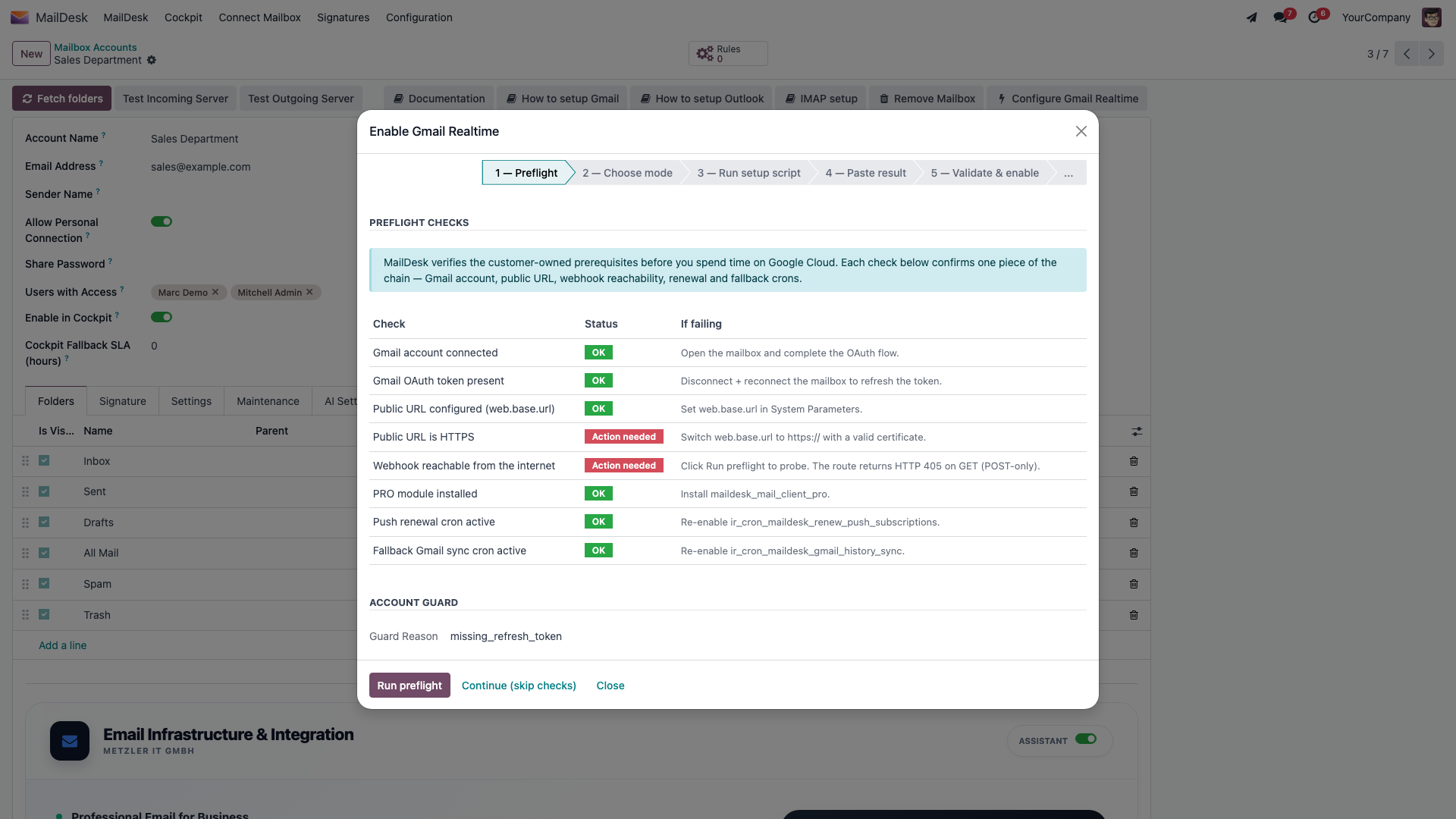 The setup assistant's Preflight step — each prerequisite shown with OK or Action needed before you touch Google Cloud