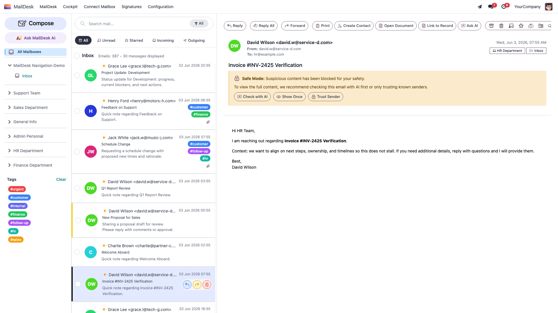 A reading pane showing the attachments on an email, ready to be analyzed on request