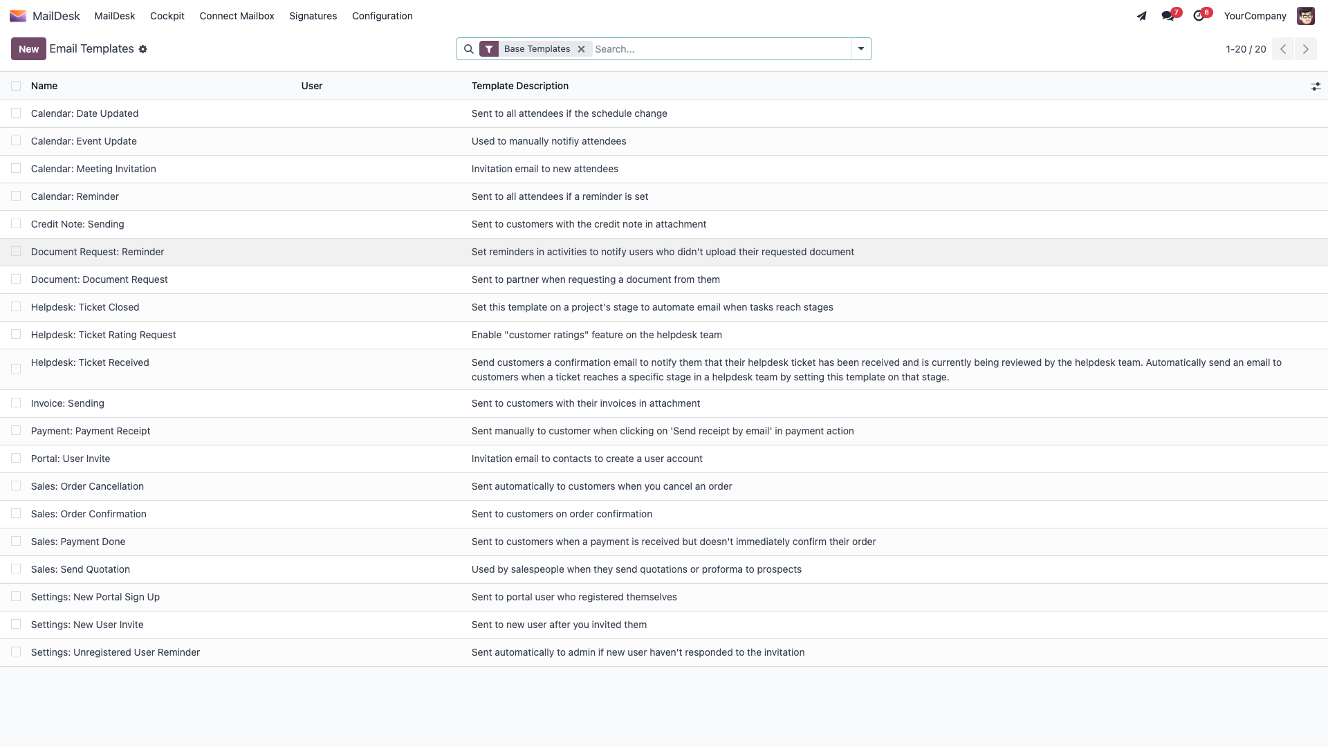 The Email Templates list showing native Odoo templates with their name, owner, and description