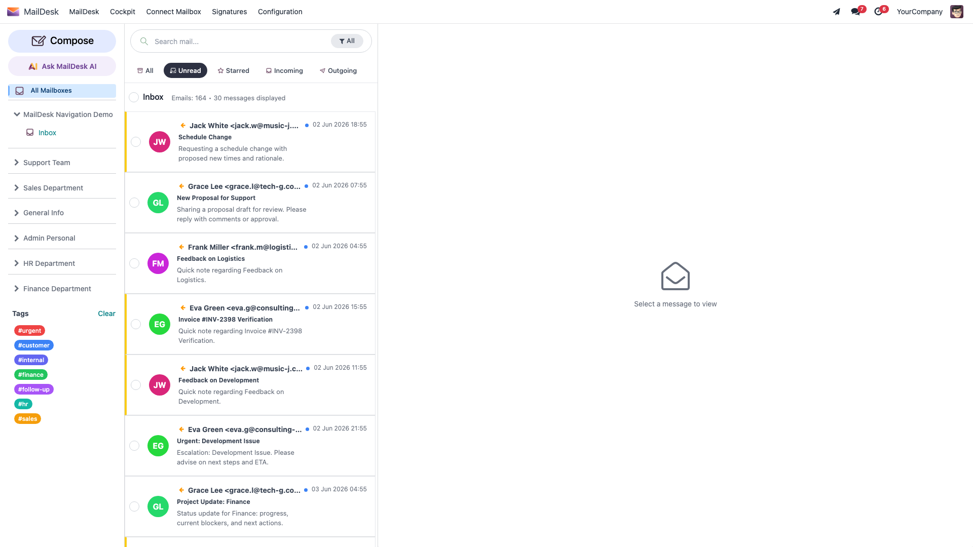 Triaging the inbox: the Unread filter narrows the list to messages that still need attention