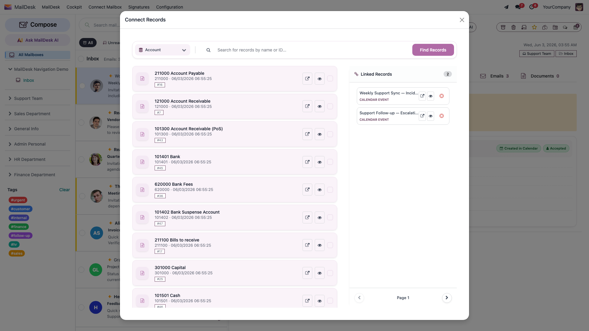 The Connect Records window: choose the kind of record on the left, search and click results to link them, and see everything you have linked in the Linked Records list on the right