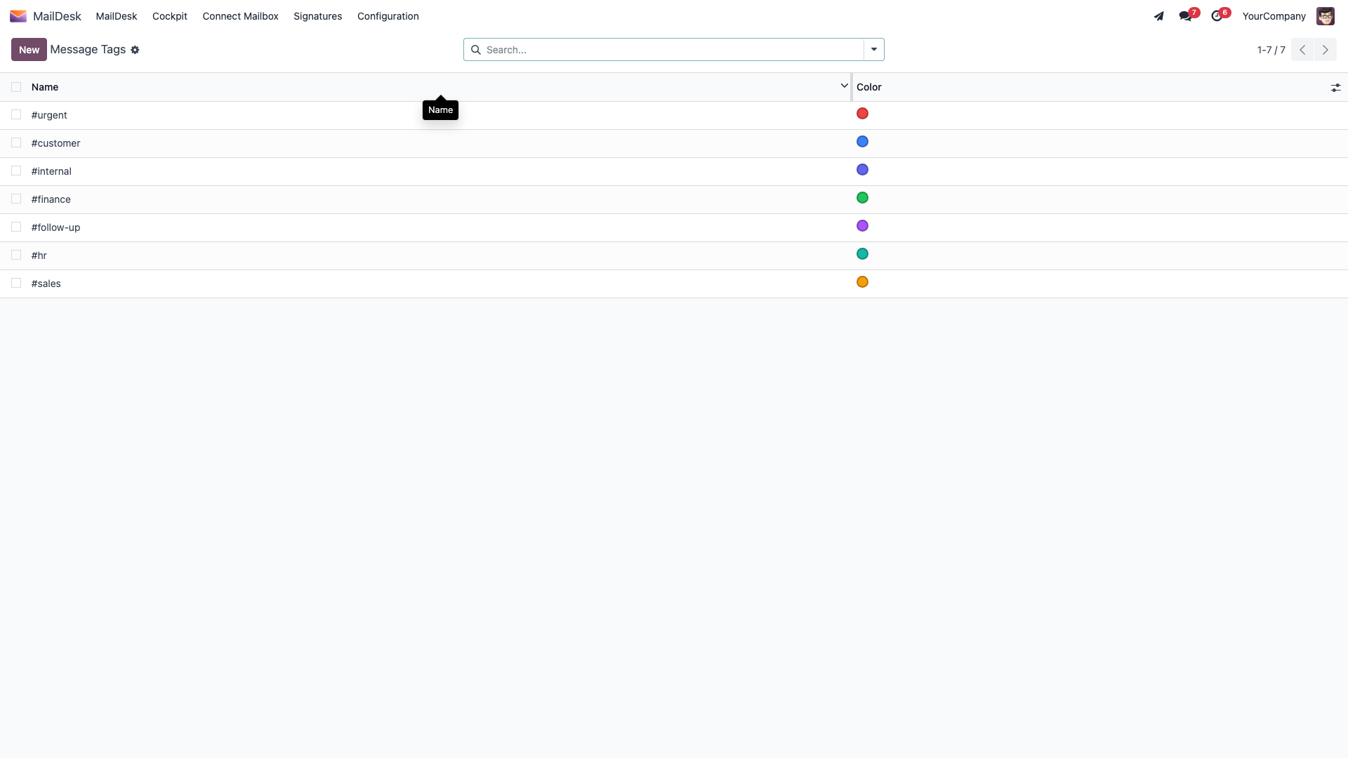 The Message Tags list, with named, colour-coded labels such as Urgent, Customer, Invoice, and Follow-up