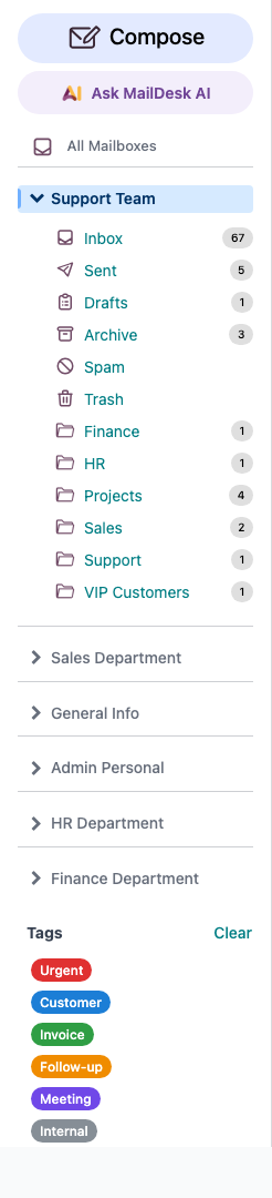 The MailDesk menu showing Connect Mailbox and the Configuration area