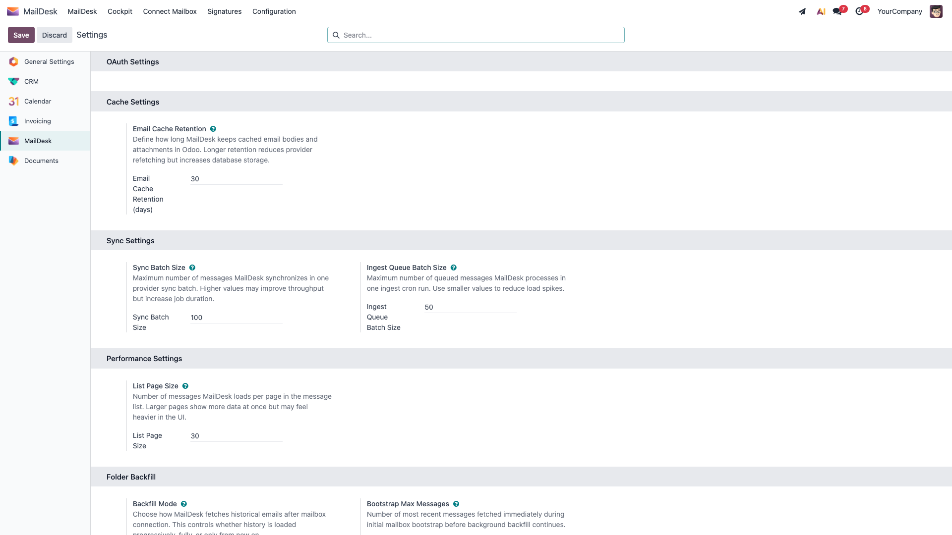 The MailDesk Settings page with the Cache, Sync, Performance, and Folder Backfill blocks