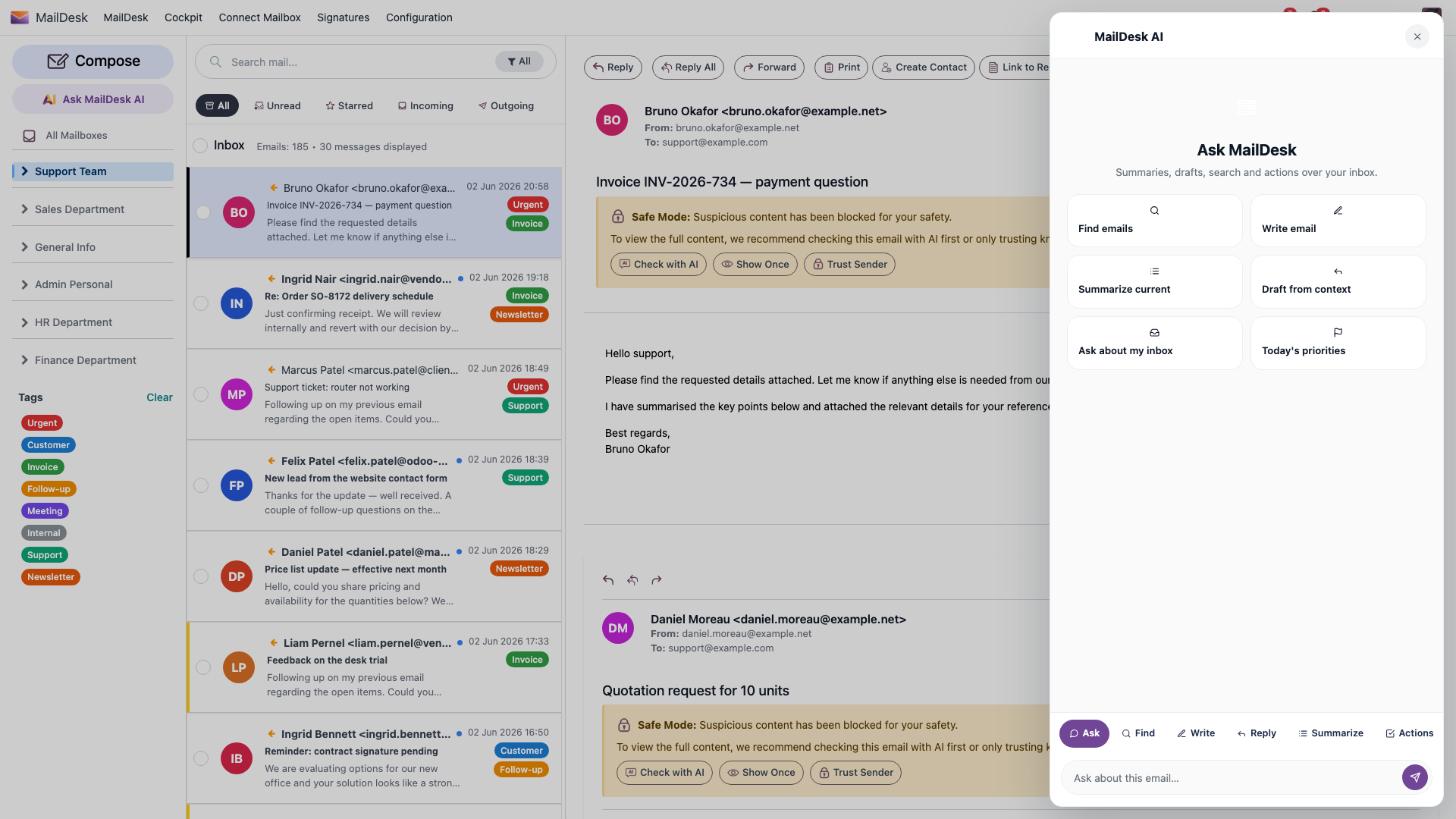 AI panel open beside an email thread