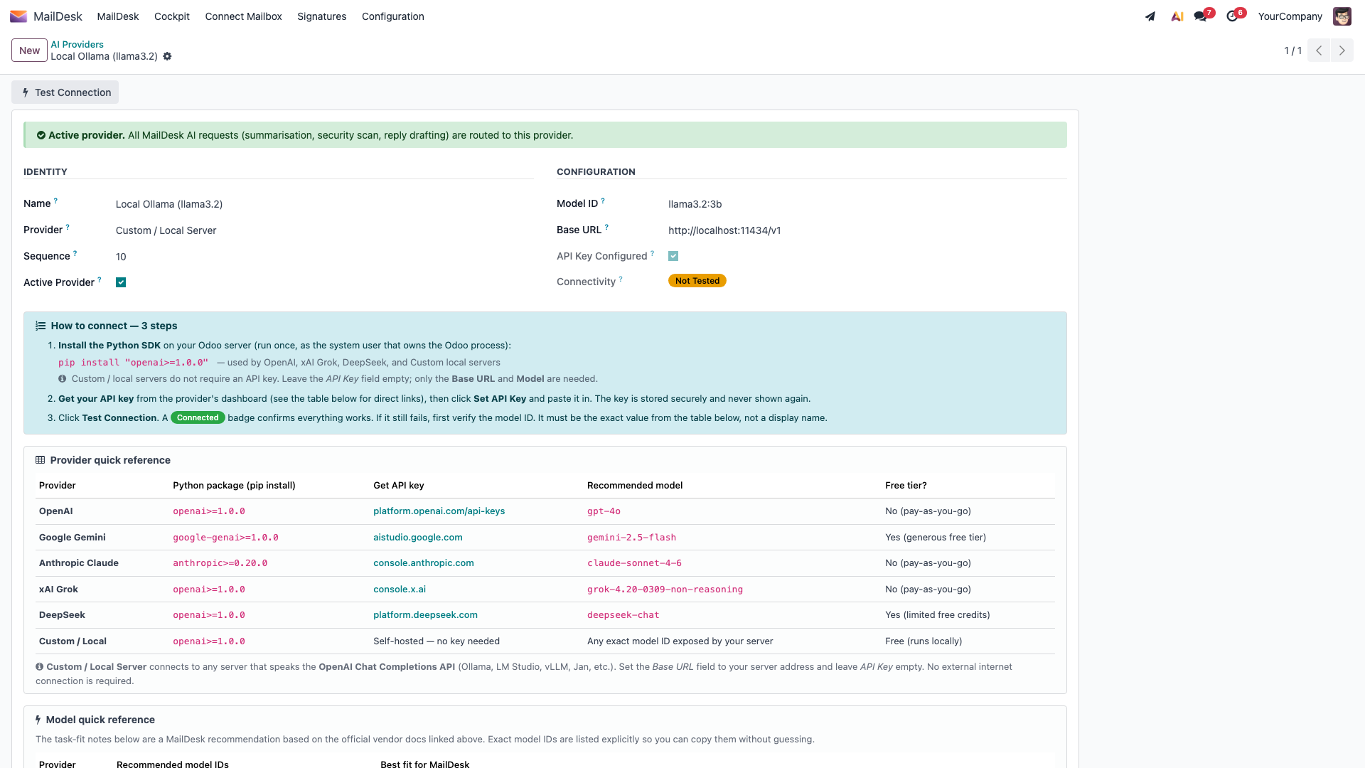 An AI provider record form with the provider, model, and Base URL fields, an API-key status of API Key Configured, a Not Tested connection status, and the Set API Key and Test Connection buttons