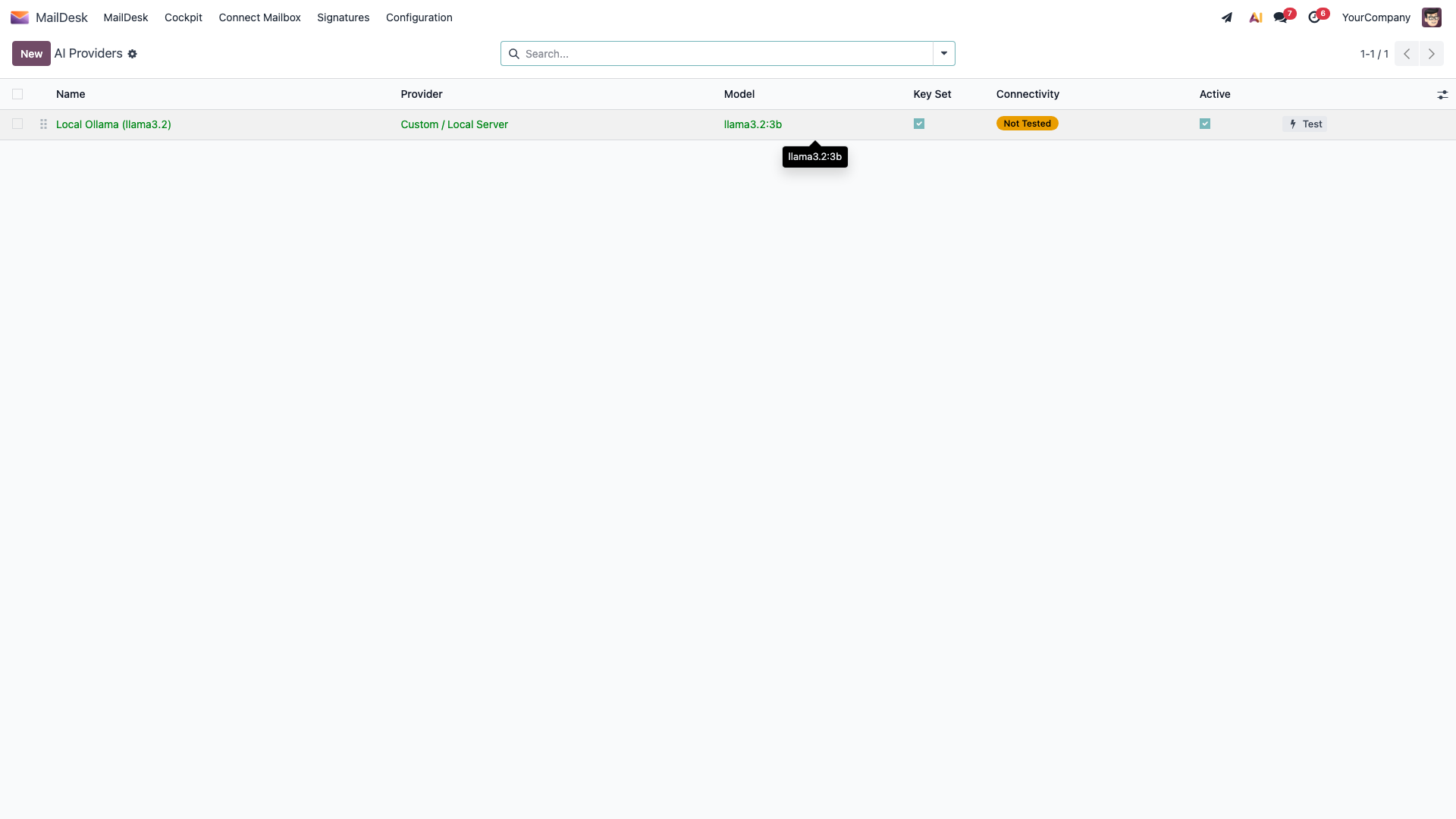 The MailDesk AI Providers list in Settings