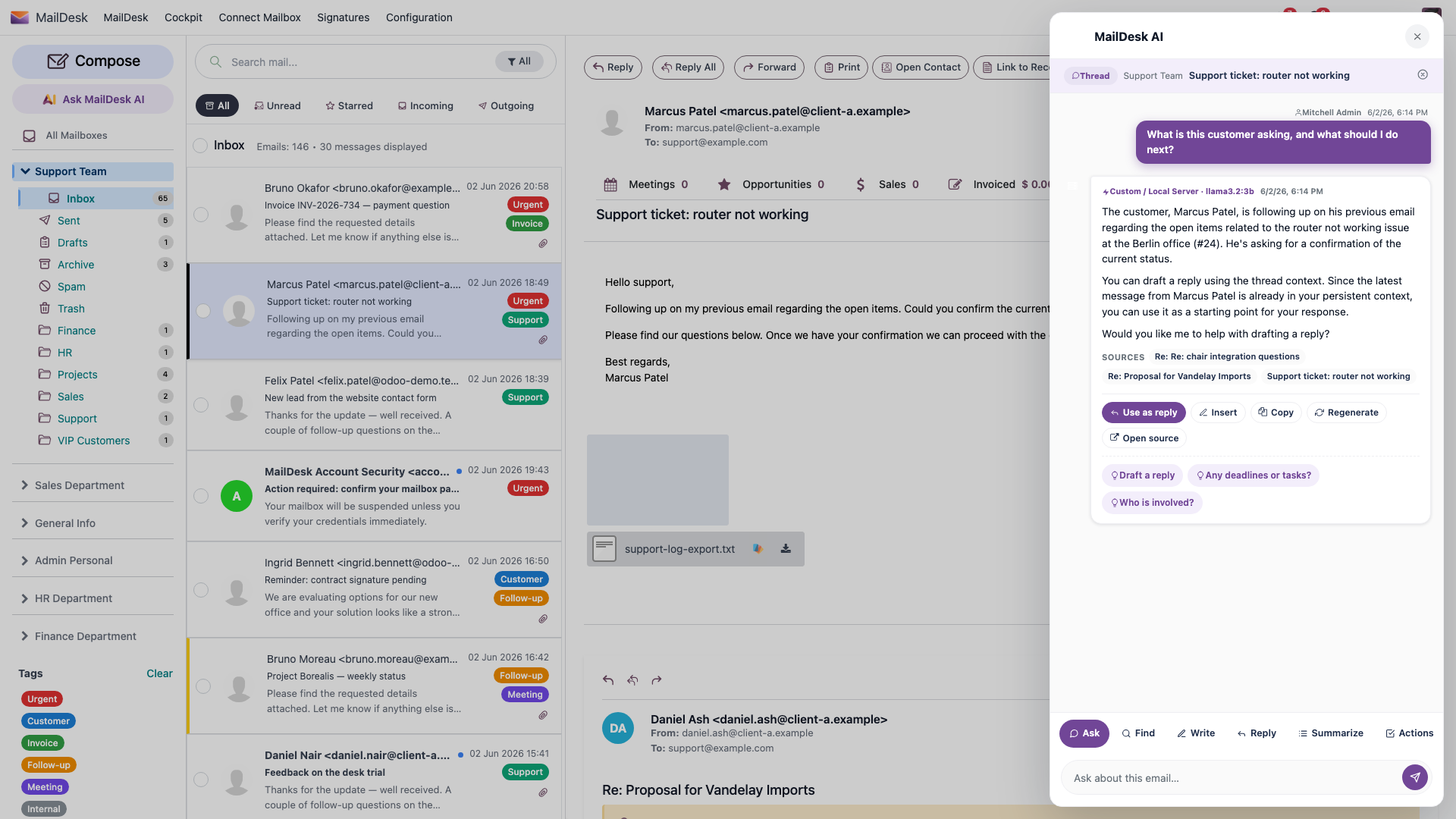 The MailDesk AI panel answering the question "What is this customer asking, and what should I do next?" with an AI-generated reply grounded in the open support thread