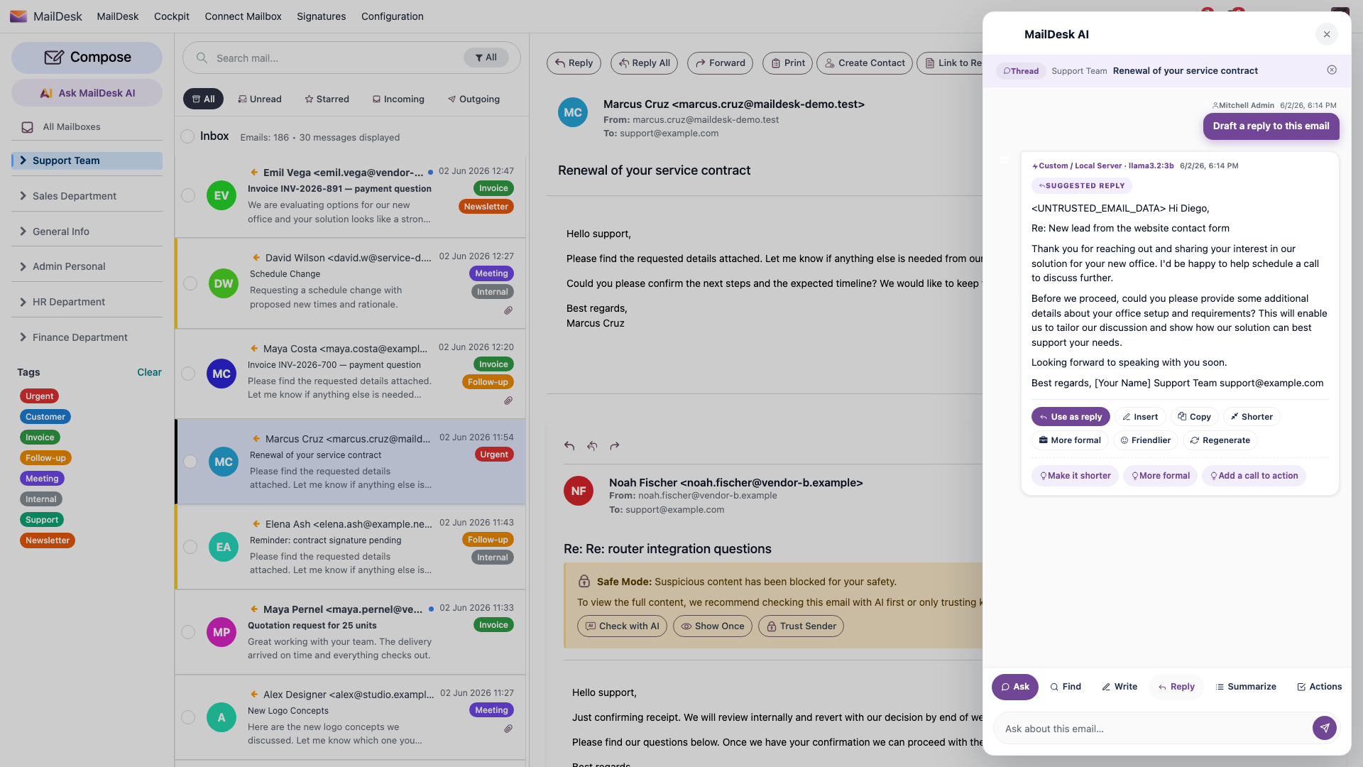 The MailDesk AI panel showing an AI-generated reply body for a service-contract renewal, with Use as reply, Insert, and Copy actions and tone-refinement chips